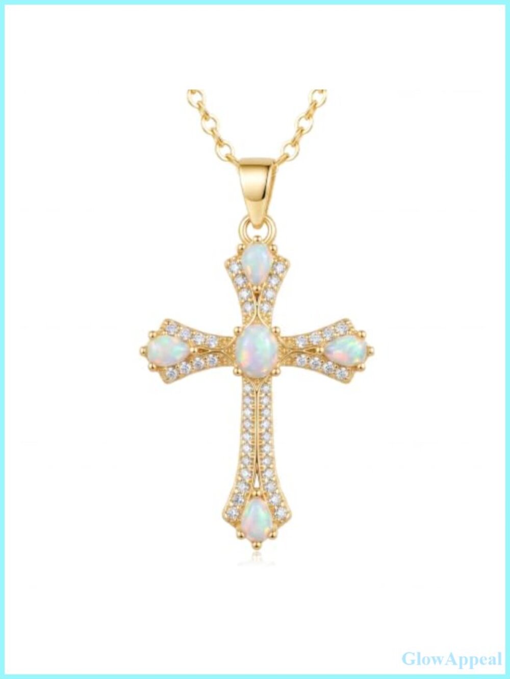 14K Gold Plated Opal CZ Cross Pendant Necklace 18in Cable Chain